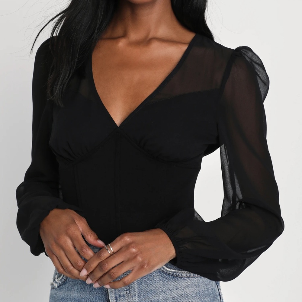 Lulus Ultimate Sensation Black Long Sleeve V-Neck Corset Top - size L